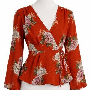 ASTR Red & White Floral Wrap Blouse | Size S | NOWT | Runs Small